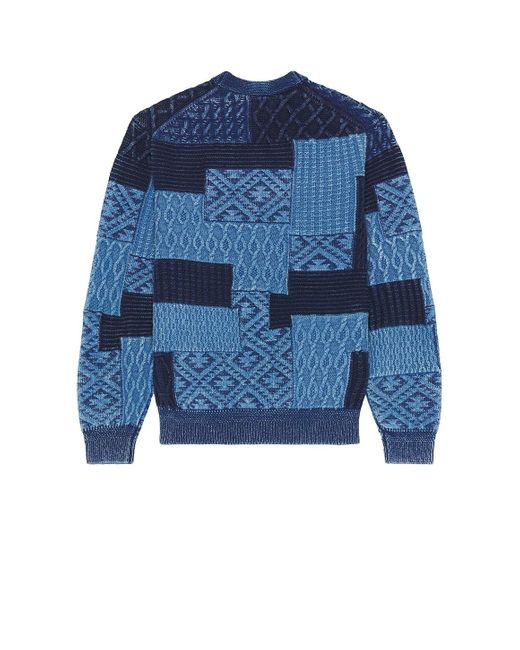Beams Plus Blue Cardigan Patchwork Like Jacquard for men