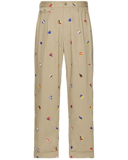 Beams Plus Natural 2 Pleats Trousers Embroidery On Print for men