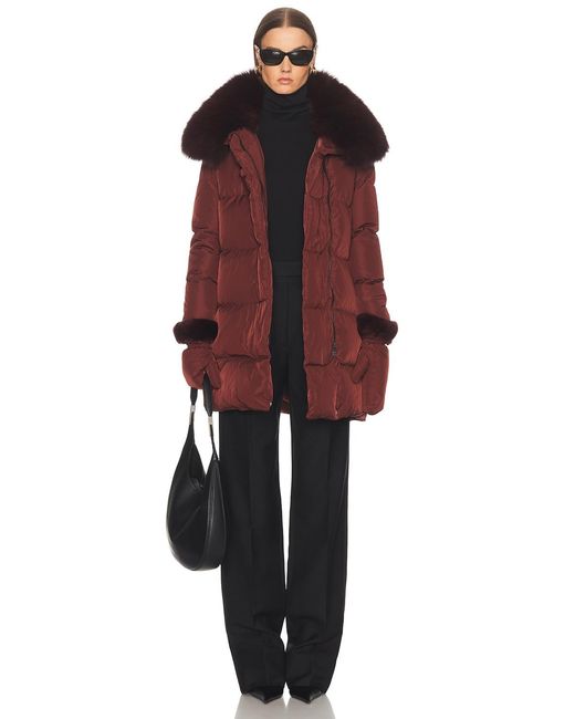 Yves Salomon Red Long Belted Down Jacket