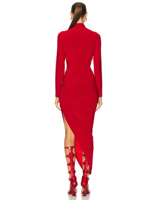 Norma Kamali Red Long Sleeve Turtleneck Side Drape Gown