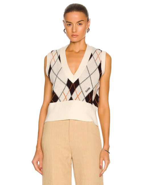 Ganni Harlequin Knit Vest in Natural | Lyst