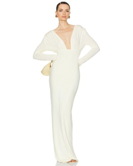 Helsa White Jersey Deep V Maxi Dress
