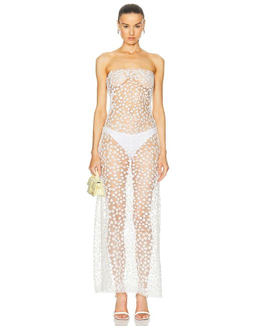Sid Neigum White Sheer Floral Embroidered Strapless Dress