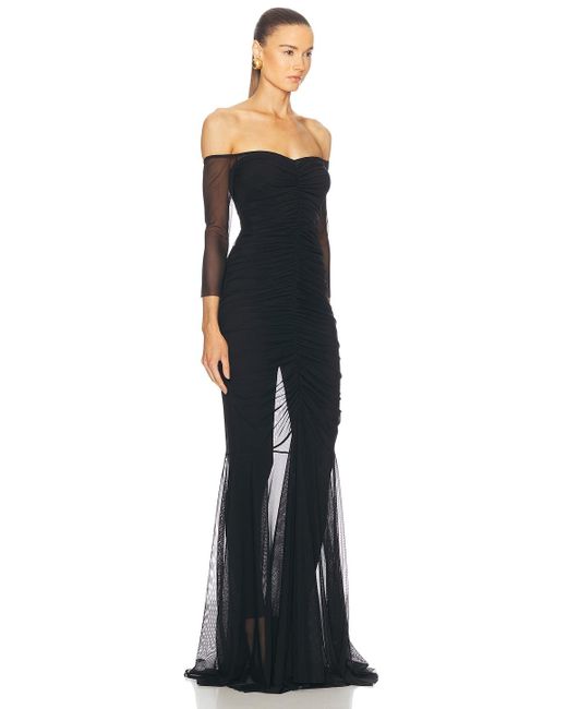 Norma Kamali Blue Off Shoulder Shirred Front Fishtail Gown