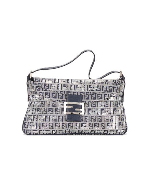Fendi White Embellished Zucchino Double Flap Baguette Shoulder Bag