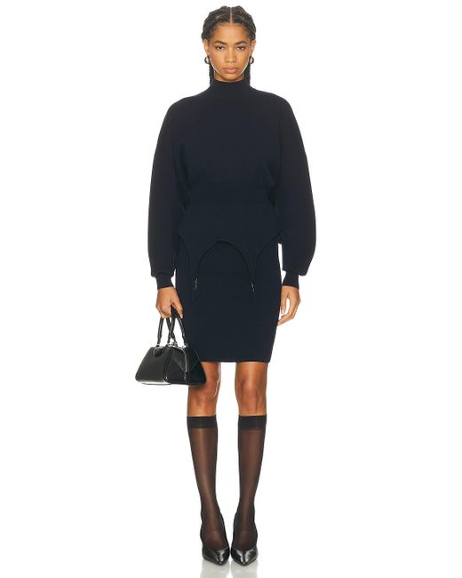 Jean Paul Gaultier Blue Ribbed High Neck Bat Sleeves Lingerie Garter Short Dress