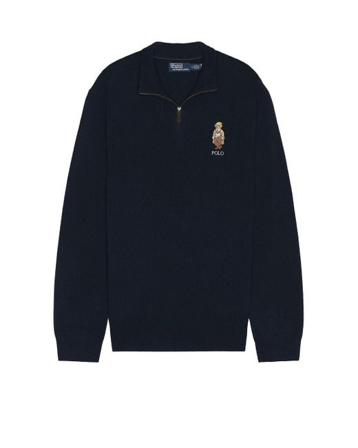 Polo Ralph Lauren Blue Lex Merino Wool Novelty Bear 1/2 Zip Sweater for men