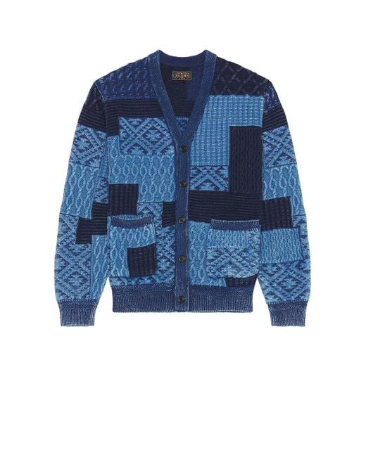 Beams Plus Blue Cardigan Patchwork Like Jacquard for men