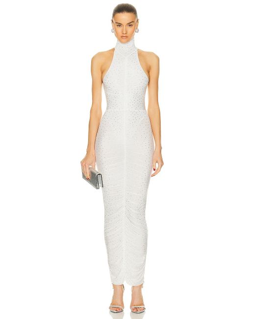 Alex Perry White Crystal Turtleneck Ruched Column Dress