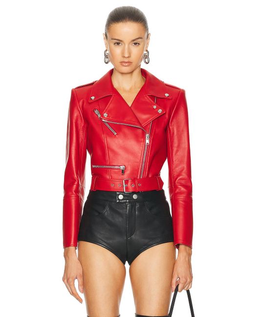 Alexander McQueen Red Leather Cropped Biker Jacket