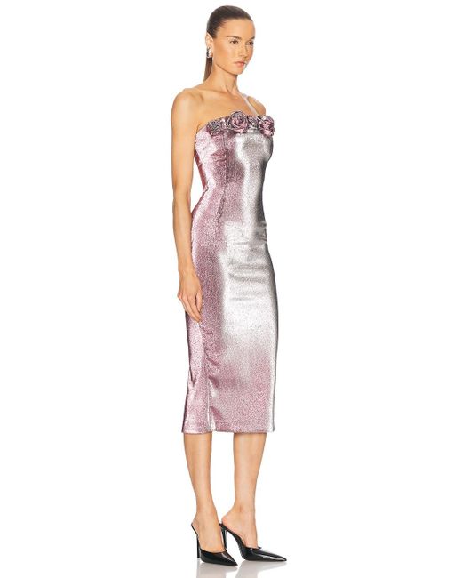 Area Red Stretch Lame Rosette Midi Dress