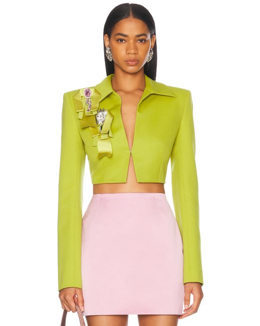 Area Yellow Crystal Embellished Bow Cropped Jacket