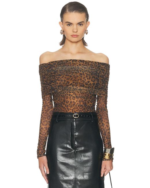 LAPOINTE Black Printed Mesh Off The Shoulder Top