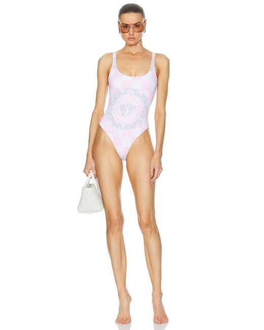 Versace White Damier Print One Piece Swimsuit