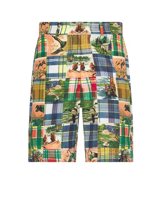 Beams Plus Green Plain Front Shorts Jacquard Mapping Patchwork Like Print for men
