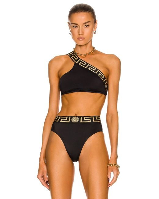 Versace Black Greca One Shoulder Bikini Top