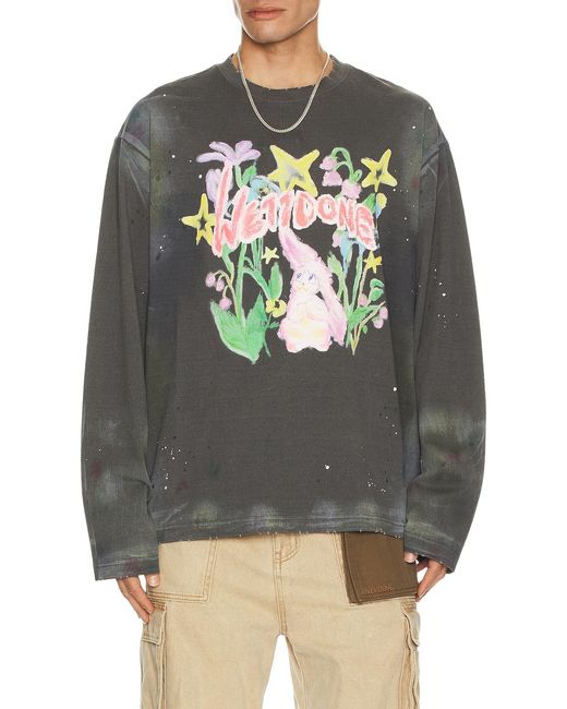 we11done Men's Gray Dirty Painting Long Sleeve T-Shirt