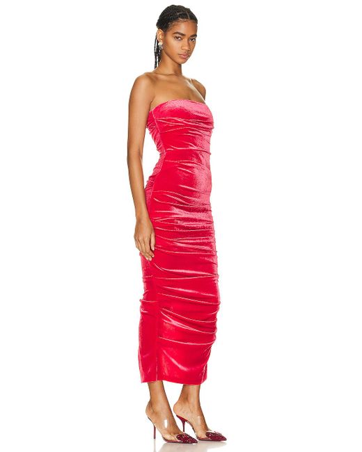 Alex Perry Red Parkin Velvet Tucked Strapless Dress