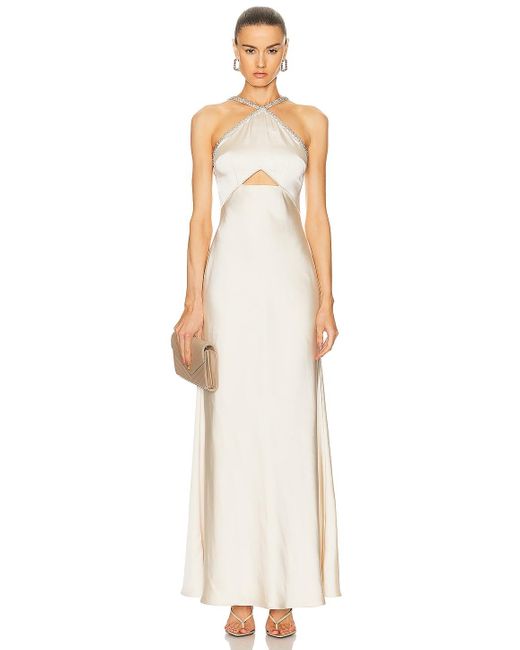 SALE【self-portrait】サテン ディアマンテ マキシドレス self-portrait Satin Diamante Maxi Dress in Brown | REVOLVE