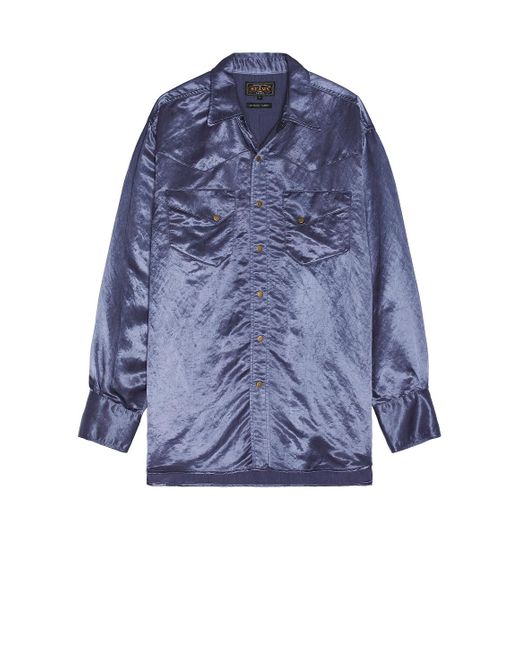 Beams Plus Blue Western Shirt Broken Nylon Satin for men