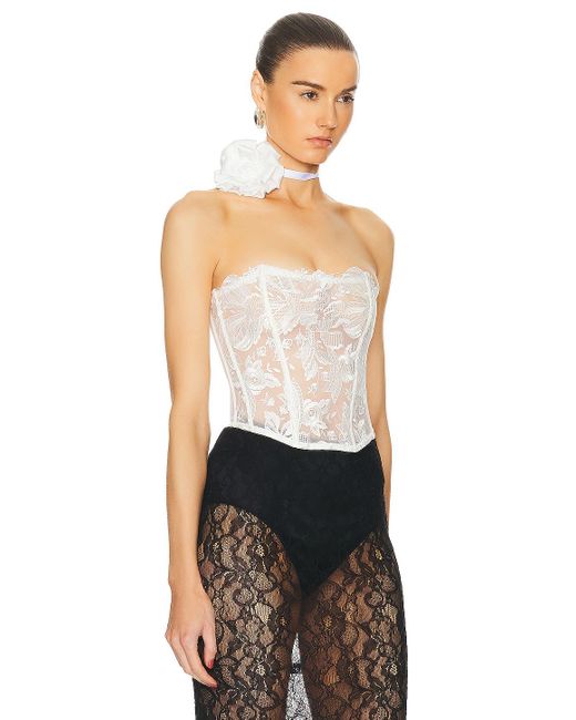 Fleur du Mal Floral Bow Embroidery Corset Top in White