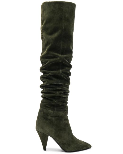Saint Laurent Era Suede Heeled Thigh High Boots In Army Green