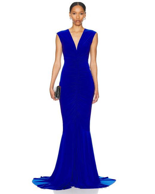 Norma Kamali Blue Sleeveless Deep V Neck Shirred Front Fishtail Gown