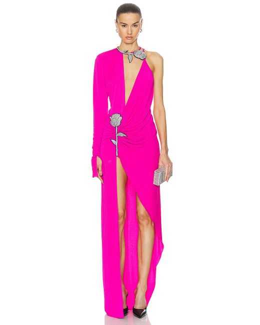 David Koma Pink Crystal Rose Ruched Gown