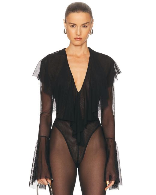 Norma Kamali Black Long Sleeve Deep V Ruffle Bodysuit