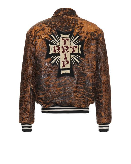 Aries Brown Distressed Leather Letterman Jacket for men