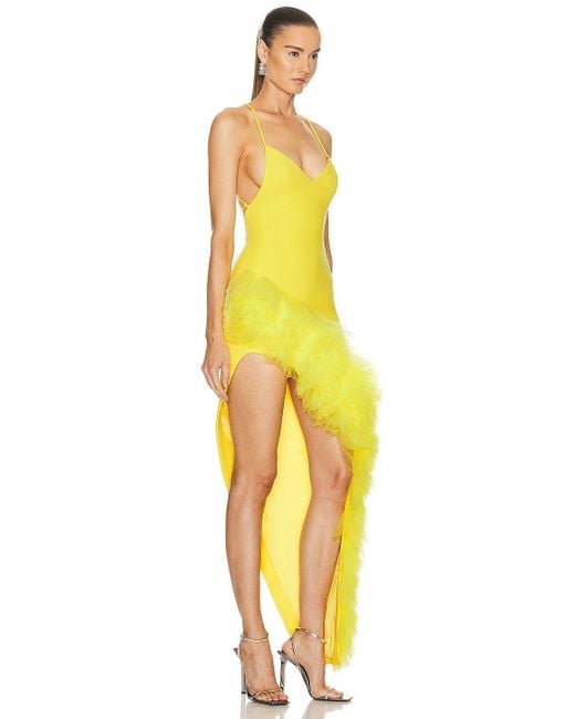 David Koma Yellow Asymmetrical Ruffled Hem Cami Dress