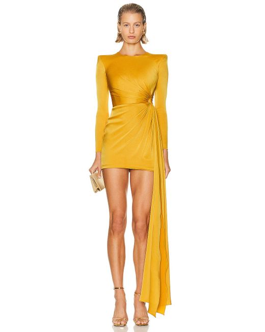 Alex Perry Yellow Long Sleeve Twist Satin Mini Dress