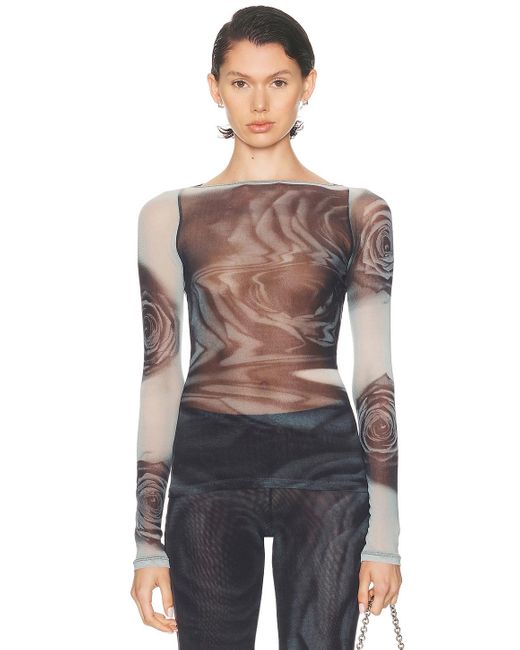 Jean Paul Gaultier Gray Boat Neck Blurry Roses Printed Long Sleeve Top