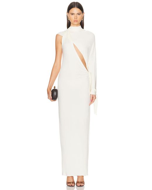 Atlein White One Shoulder Cut Out Draped Dress