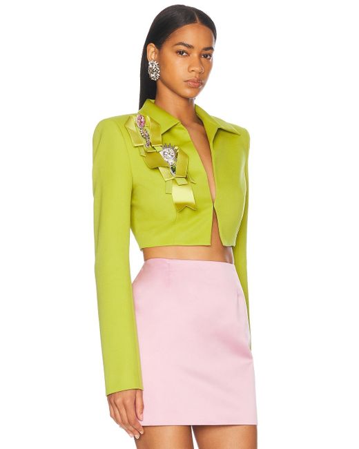 Area Yellow Crystal Embellished Bow Cropped Jacket