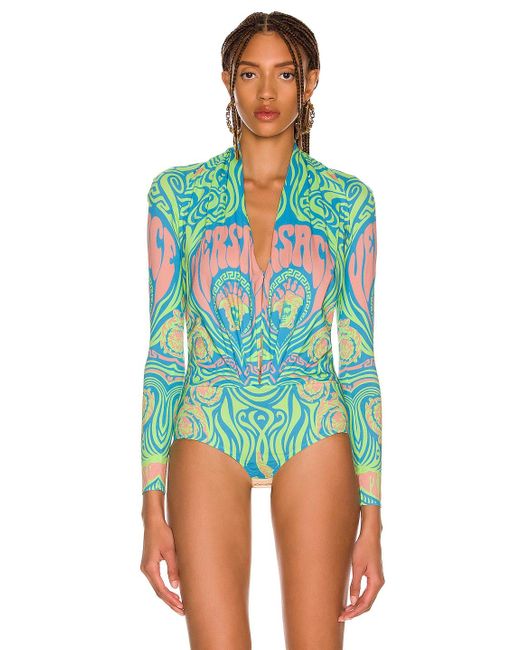 Buy Versace Medusa Music Long Sleeve Bodysuit In Green - Neon Green & Sky  At 34% Off