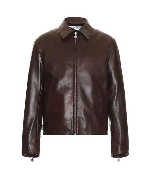 Acne Brown Leather Zip Jacket for men