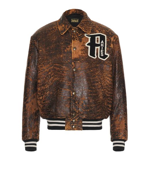 Aries Brown Distressed Leather Letterman Jacket for men