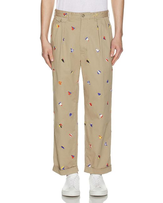 Beams Plus Natural 2 Pleats Trousers Embroidery On Print for men