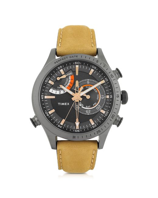Timex Chrono Timer Gray Stainless Steel Case And Tan Leather Strap Men