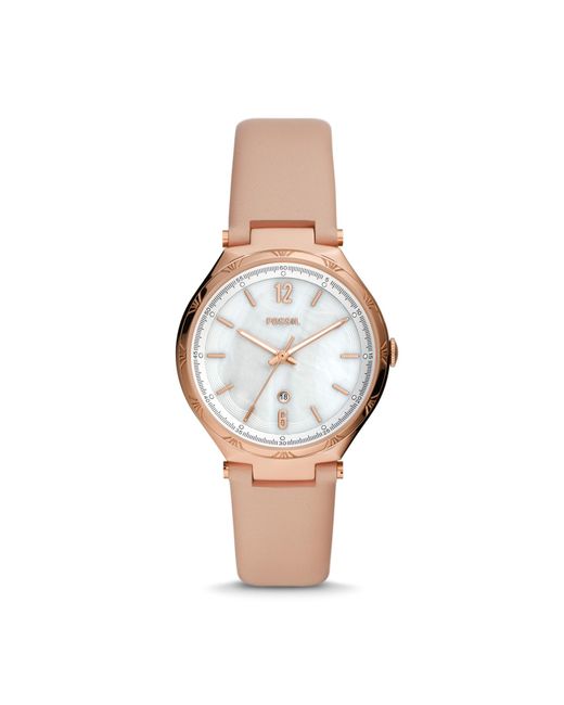 Fossil Leather Ashtyn Threehand Date, Rose Goldtone Stainless Steel Watch in Pink Save 21 Fossil Leather Ashtyn Threehand Date, Rose Goldtone Stainless Steel Watch in Pink Save 21