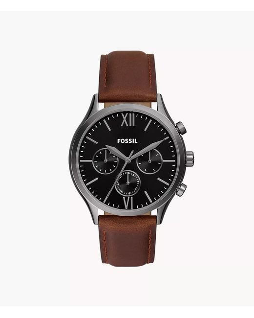 Fossil Black Fenmore Multifunction Brown Leather Watch for men