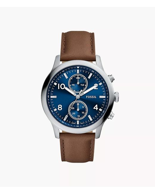 Fossil Blue Bennett 45 Mm Multifunction Brown Leather Watch for men
