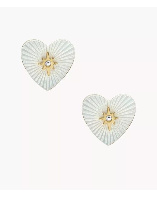 Fossil White Sutton Radiant Love Gold-tone Mother-of-pearl Stainless Steel Heart Stud Earrings