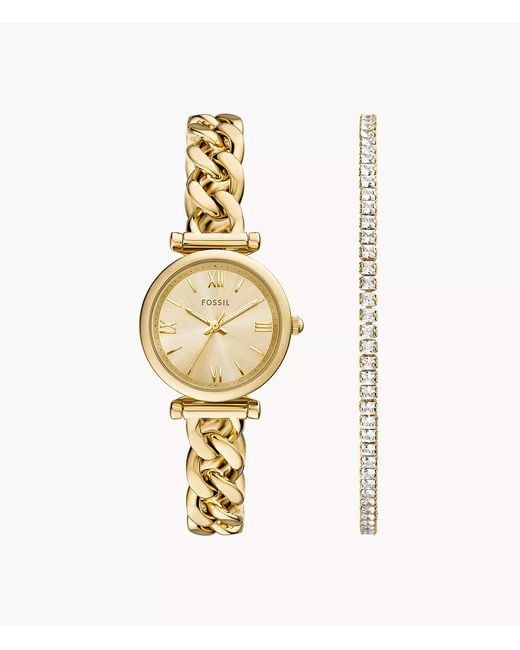 Fossil Metallic Carlie Three-hand Gold-tone Stainless Steel Watch And Bracelet Set