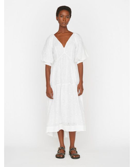 FRAME White V-neck Puff Sleeve Maxi Dress