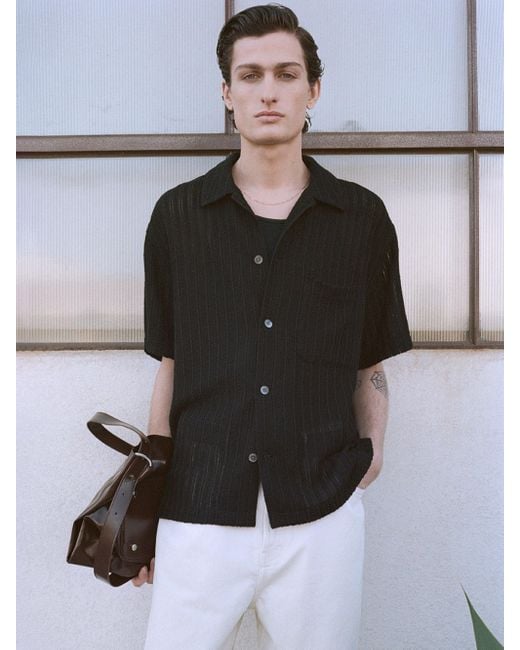 FRAME Black Crochet Short Sleeve Shirt for men