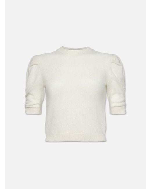 FRAME White Ruched Sleeve Cashmere Sweater