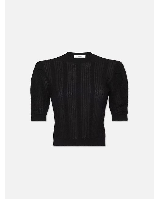 FRAME Black Pointelle Cashmere Ruched Short Sleeve Sweater