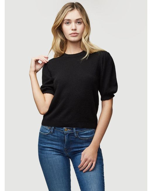 FRAME Black Sustainable Cashmere Shirred Short Sleeve Sweater